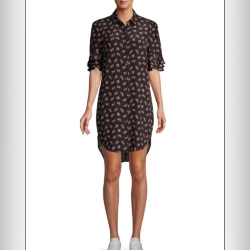 Frame Printed Ruffled High-Low Silk Shirtdress size large